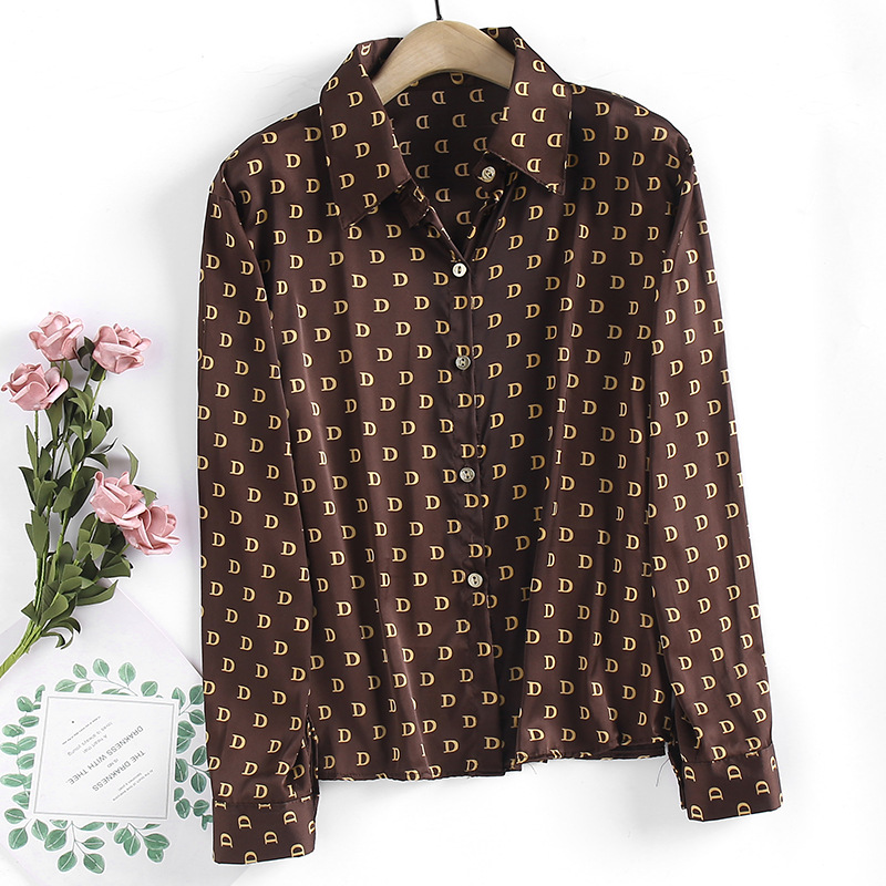 

Men's Plaid Shirt Female Long Sleeve Pocket printed bright mark letters Silk Tops M-4XL Casual Check Blouse Autumn Clothes for man, Coffee