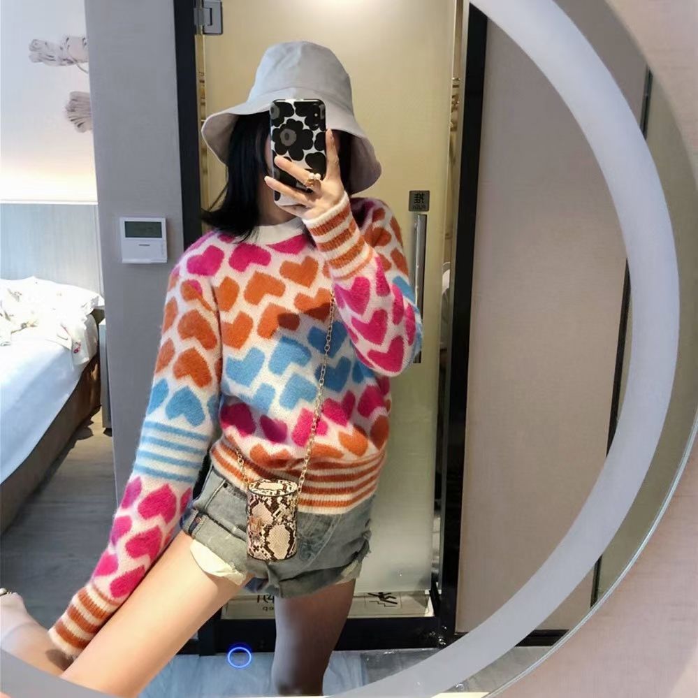 

Womens sweater autumn 2021 new dreamy colorful girly sense gradient love mohair loose wool knit sweater, Blue