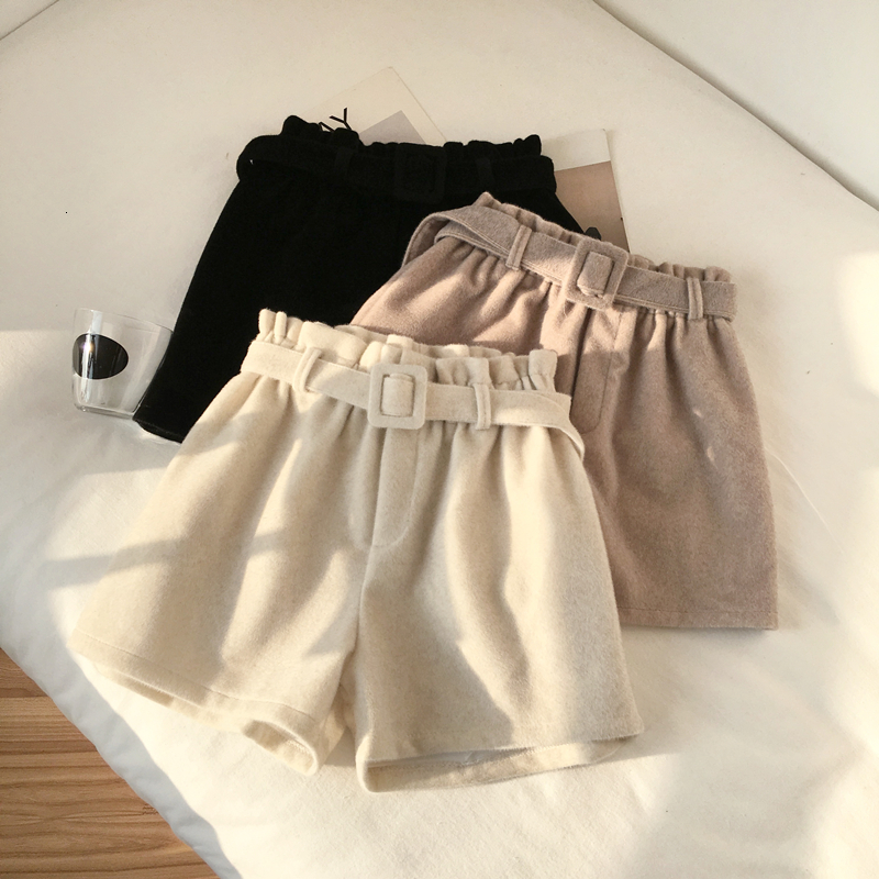 

2021 New Vintage A-line Wool Autumn Winter Thick Women High Waist Elastic Shorts with Belt Casual Plus Sizes Wide Leg Short Pants Qorj, Beige