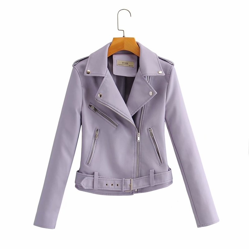 

Autumn Biker Motorcycle Faux Leather Jacket Women Slim With Belt Rivet Purple Coats Ladies Short Outwear 210602