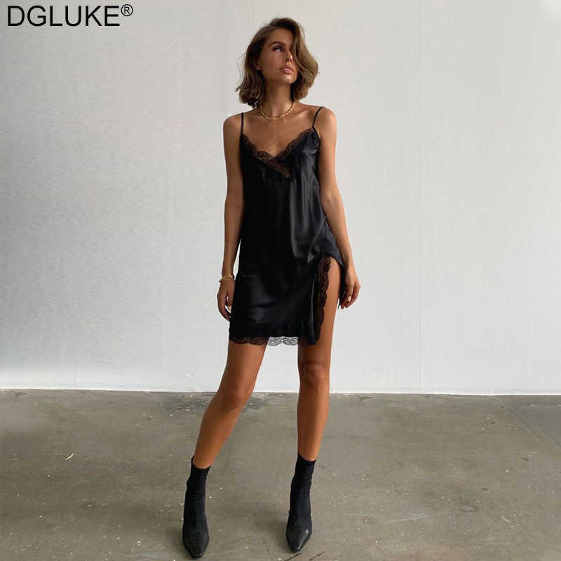 

Spaghetti Strap Satin Dress Sexy Black Lace Short Party Dresses Summer Mini Night Slip Dress Satin Club Outfits For Women 210531