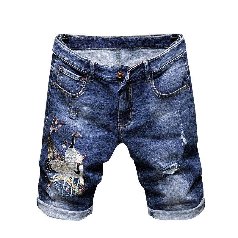 

2021 New Men's Male Fashion Casual Crane Embroidered Ripped Shorts Summer Slim Straight Holes Distressed Stretch Denim Jeans Tbn5, Blue