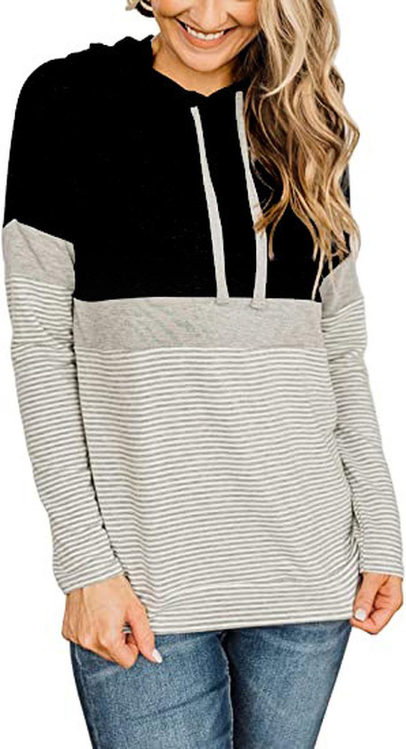 

Women's Hoodies & Sweatshirts Casual Hooded Drawstring Stitching Striped Long-sleeved Sweater Women Sweatshirt Plus Size, Black