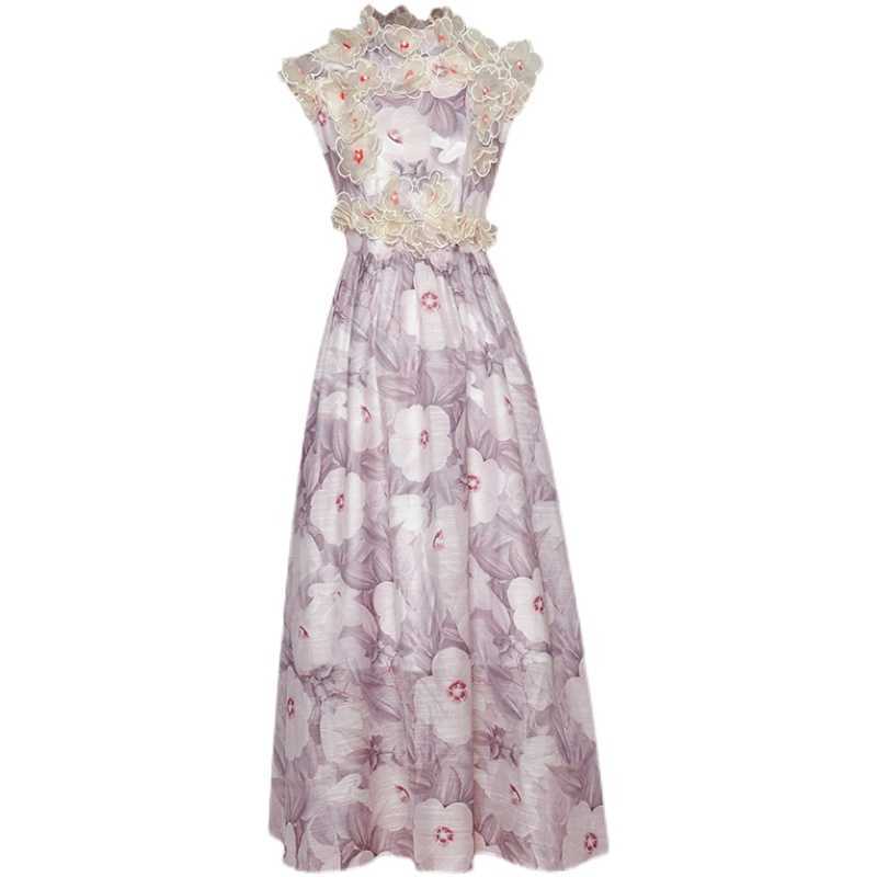 

HIGH QUALITY est Fashion Designer Sleeveless Flowers Appliques Floral Print Midi Dress 210526, Mixed color