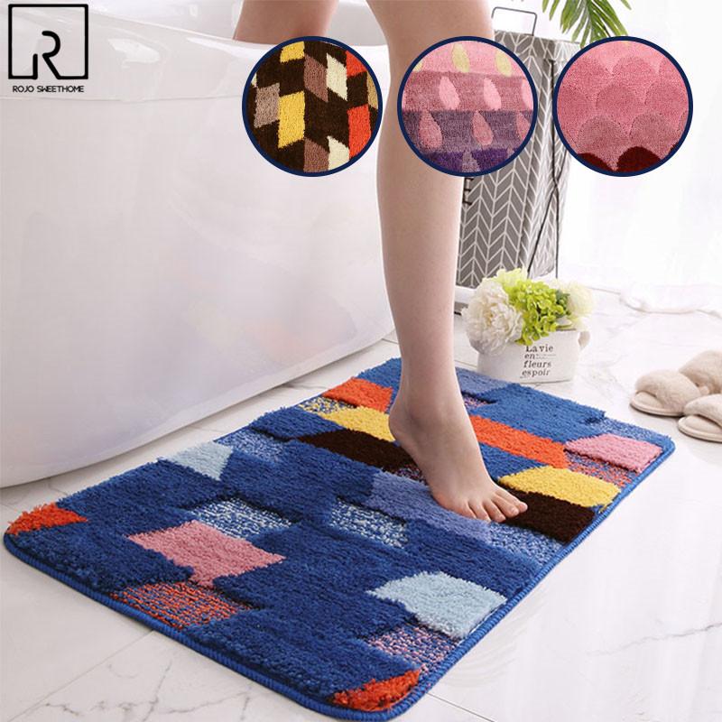 

Colorful Geometric Bath Mats Flocking Bathroom Rugs Water Absorption Shower Carpet Entrance Floor Doormat Modern Home Decoration, Blue