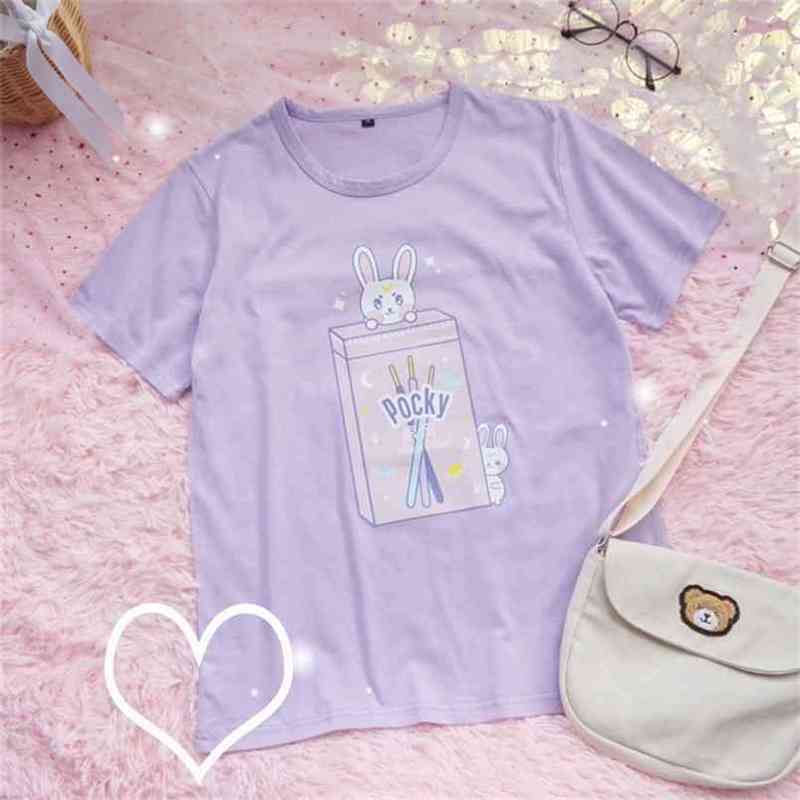 

Japanese Soft Girl Summer Purple Rabbit Printed Short Sleeve T shirt Tee Students Harajuku Small Fresh Loose Kawaii T-shirt Tops 210708, Lavender