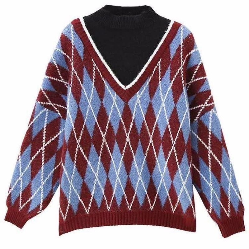 

2021 New Falso De Duas Peas Camisola Feminina Solta Exterior Usar Estudantes Coreano Solto Topo Feminino Novo Diamante Xadrez Manga Comprida, Khaki