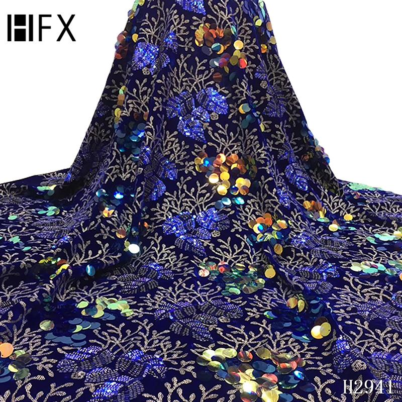 

HFX 2021 High Quality Lace Latest African Sequin Lace Fabric Embroidery Fabric Velvet Sequins Party Dress F2941
