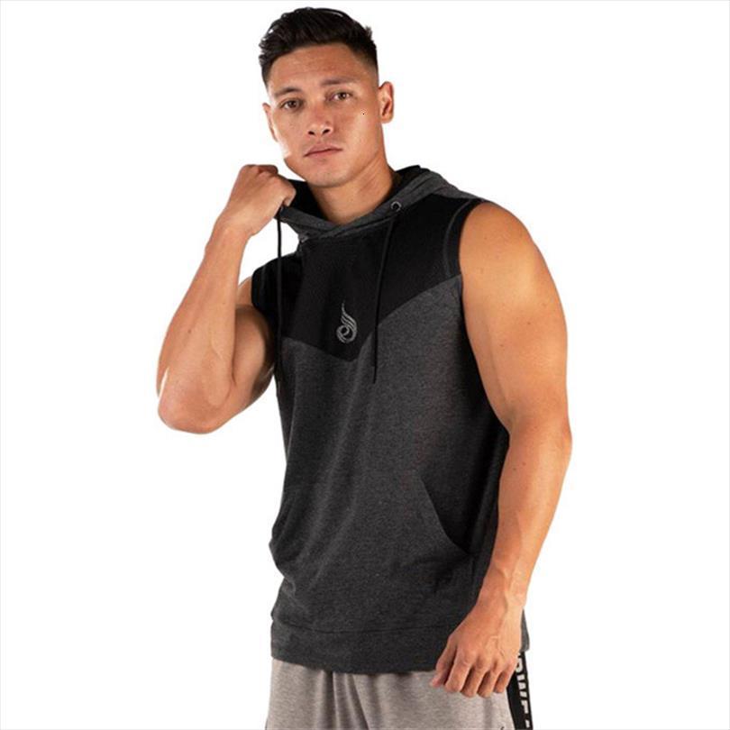 

men bodybuilding tank stitching breathable fitness workout sleeveless sweatshirt cotton hooded vest male casual clothing, White;black