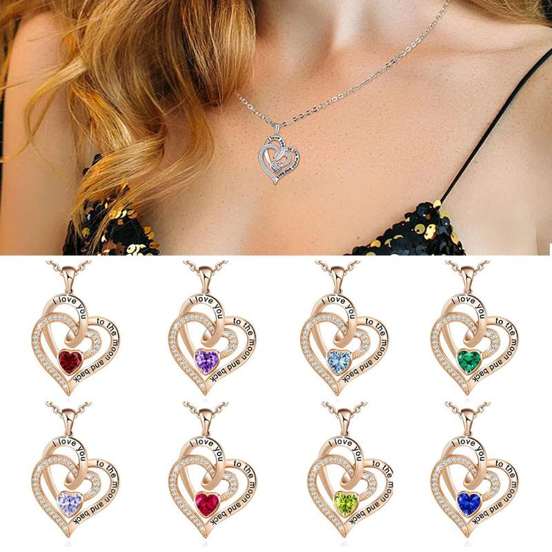 

Chains 5A Cubic Zirconia Women Jewelry I Love You To The Moon And Back Heart Necklace Birthstone Clavicle Chain, Silver