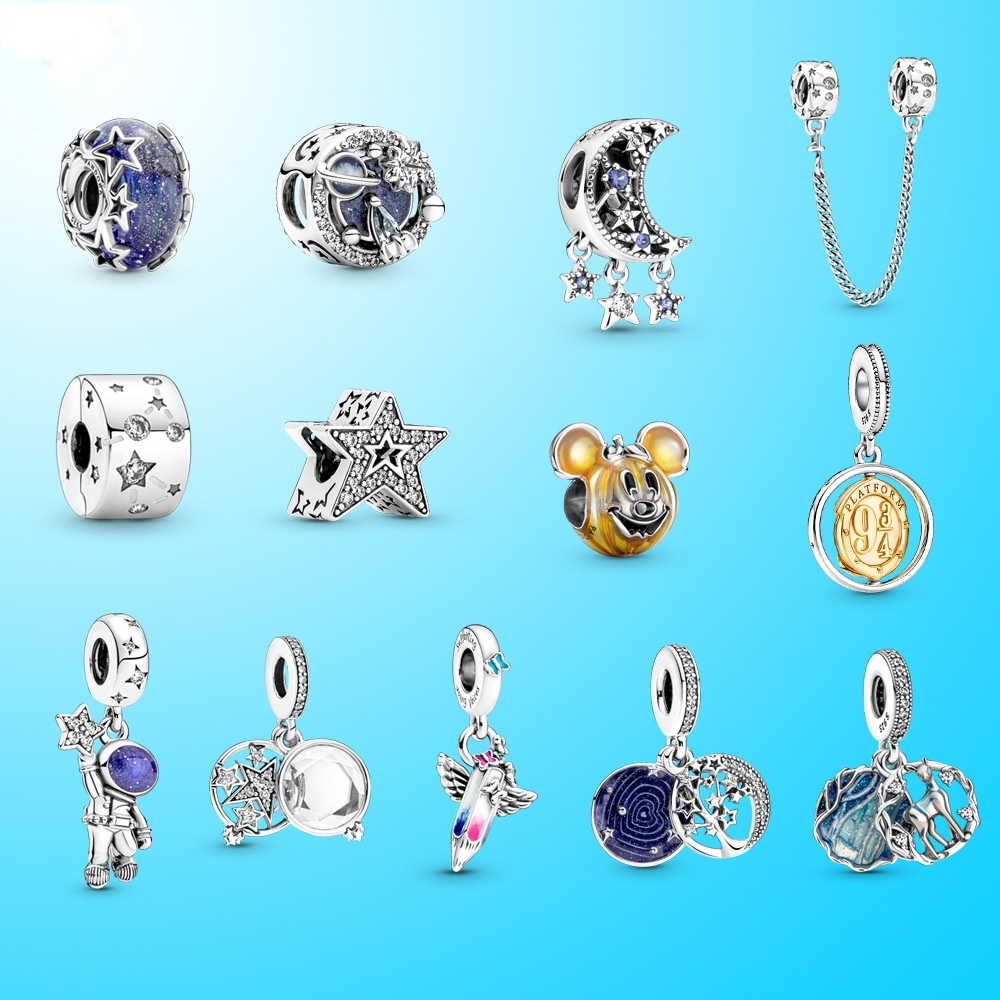 

Genuine S925 Sterling Silver Fit Pandora New Blue Galaxy Astronaut Star Charm Bead Love Heart Blue Turquoise Crysta Charm For Bracelet DIY B, Black