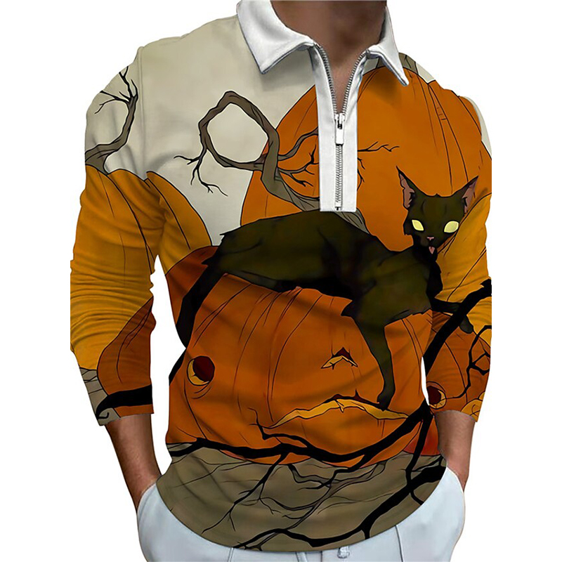 

Pumpkin oil painting men zipper long sleeve polo shirt, high quality, comfortable, breathable, fashionable and cool, daily business trip, work party, Picture1