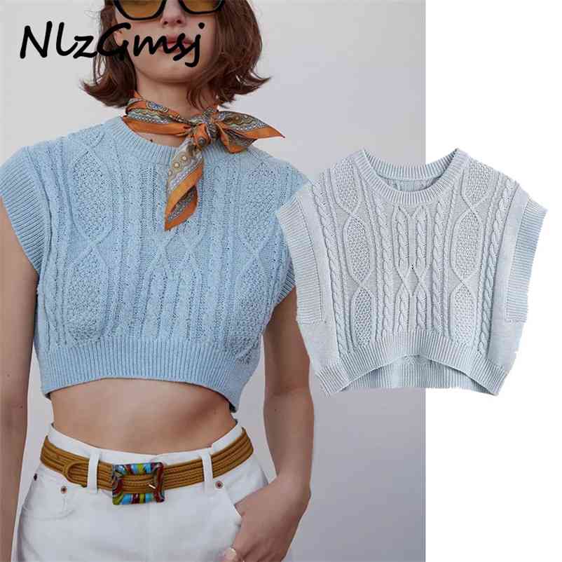 

Vest Women Fashion Knitted Cropped Sweater Vintage O Neck Sleeveless Female Waistcoat Chic Short Tops 04 210628, As picture