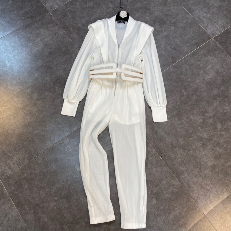 

Women Pleated Ruffles Waist With Belt Temperament Jumpsuit Long Sleeve V-neck Slim Fashion Spring Summer 11B400 210525, White