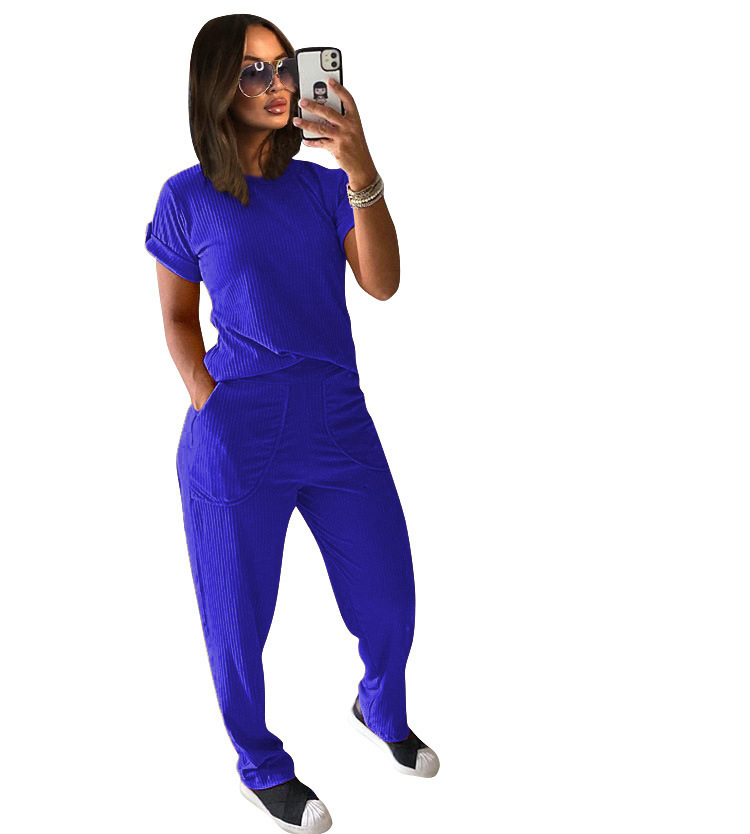 

2021 New Summer Casual Two Piece Set and Solid Short Sleeve Top +solid Color Knitted Straight-leg Long Pants 525q, Burgundy