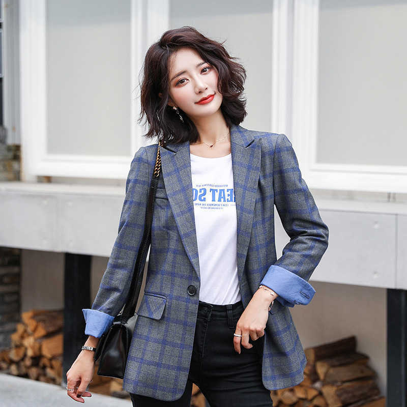 

High quality casual women's long sleeve blazer autumn slim blue plaid suit Business jacket large size Female office 210527