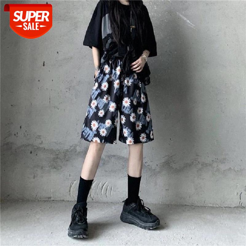 

ive-point pants men and women high street tide brand fins super harajuku fire dark daisy print loose wide leg couple shorts #uQ1I, Black;white