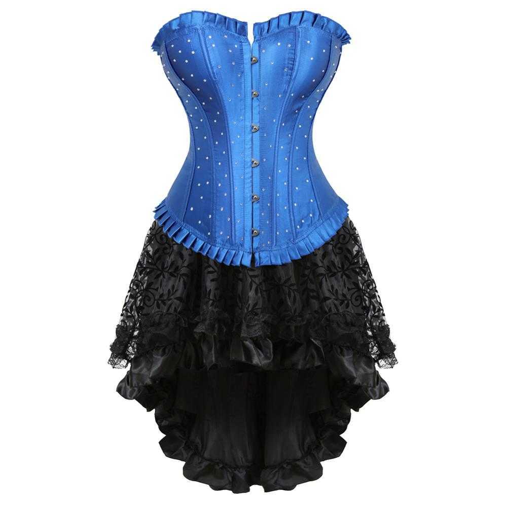 

Sexy Corsets with Skirt Steampunk Plus Size Rhinestones Bustier Dress Renaissance Satin Overbust Corselet Bodyshaper Costume, Blue top