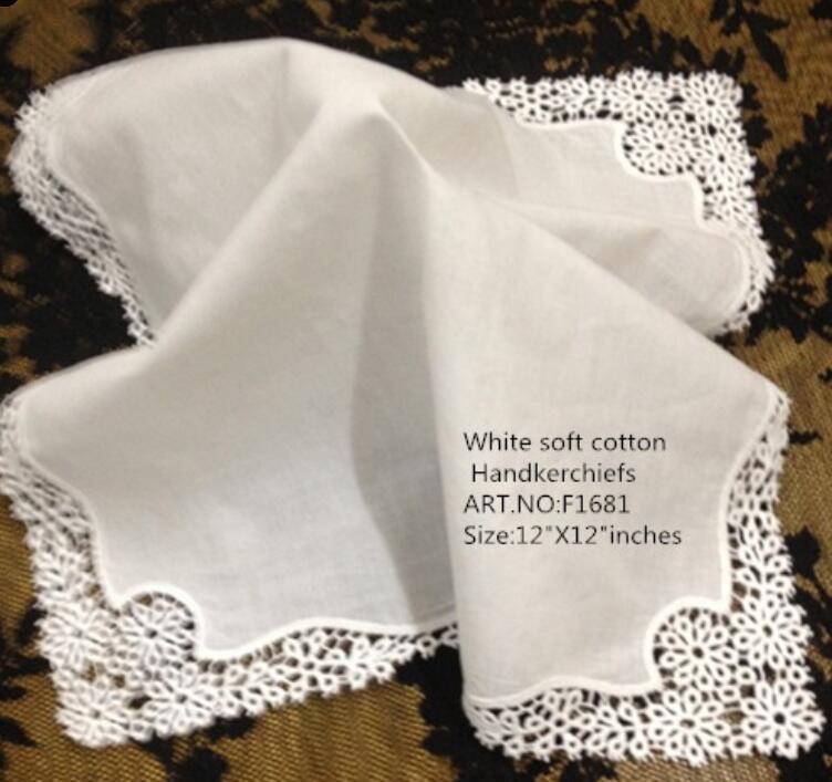 

Textiles Set of 12 Home White Ladies Handkerchief 12 inch Embroidered crochet lace edges hankies hanky For Bridal Gifts