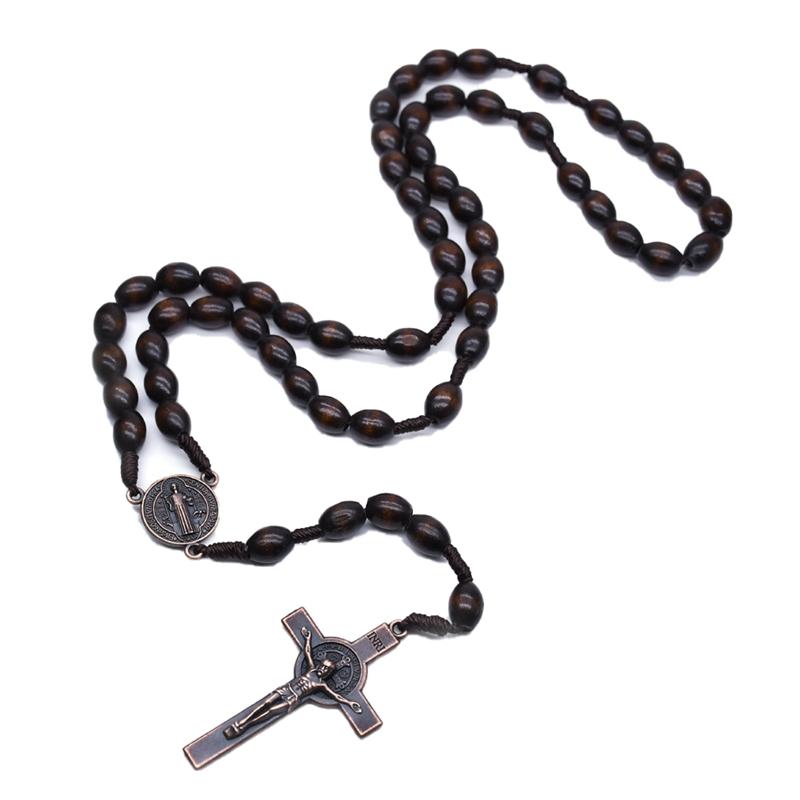 

Pendant Necklaces Necklace Catholic Pectoral Cross Dark Brown Beads Wooden Jesus Virgin Mary Christ Prayer Religious Jewelry, Silver