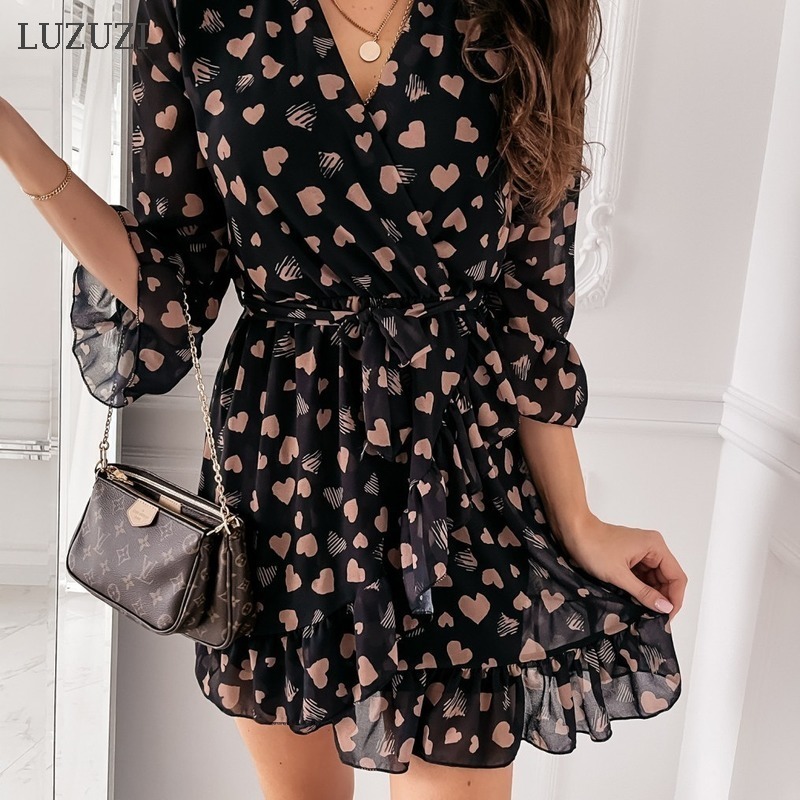 

New V-neck A-line Heart Print Sweet Ruffle Women 2021 Spring Summer Mini Party Casual Daily Clothes Fashion Xl43, Black;gray