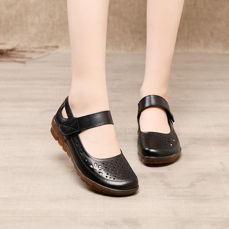 

Sandals Nice Summer Hollow Out Genuine Leather Women Ladies Shallow Hook&Loop Casual Shoes Woman Ankle-Wrap Solid Flats, White