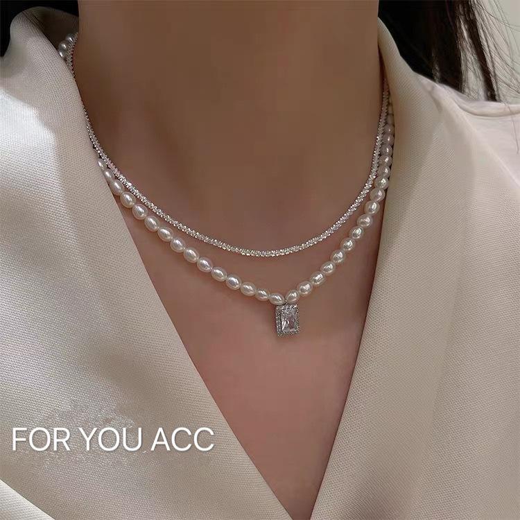 

Pendant Necklaces Vintage Temperament Celebrity Genuine White Gold Plated Zircon Necklace Double Freshwater Pearl Clavicle Chain For Women G