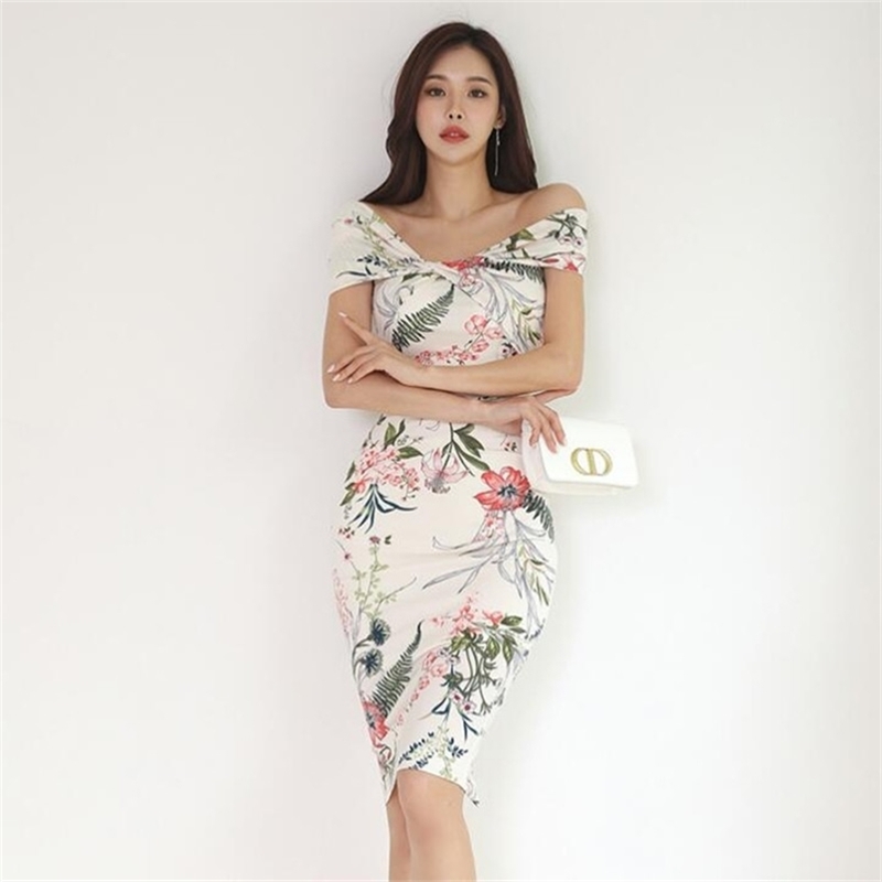 

Elegant V-neck Slim Waist Women Printed Dress Summer OL Style Bodycon Female Pencil Sexy Party Vestidos Femme 210603, Picture color