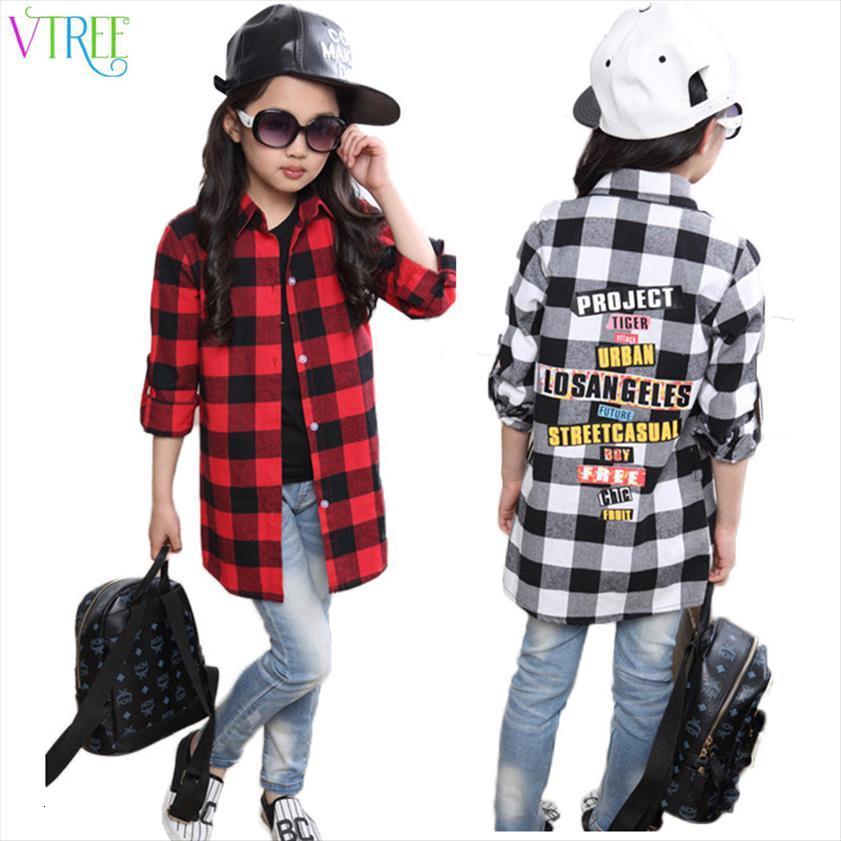 

spring fashion girls plaid shirts red white school girl blouse long section for sleeve designs, White;black