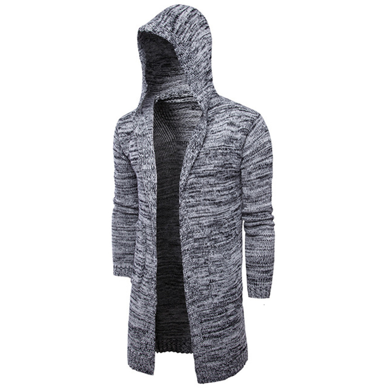 

New Men Solid Sweater 2021 Fashion Autumn Warm Cardigan Gray Knitting Thick Cotton Sweaters Long Coat Hooded Cardigans 0s5m, Black