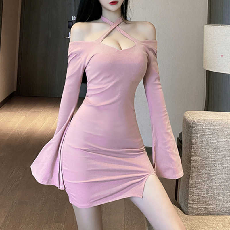 

Spring Summer Solid Color Sexy Cross Neck Strapless Slim Long Sleeve Pink Mini Dres's Dresses Pullover Women M7LO 210603, Black