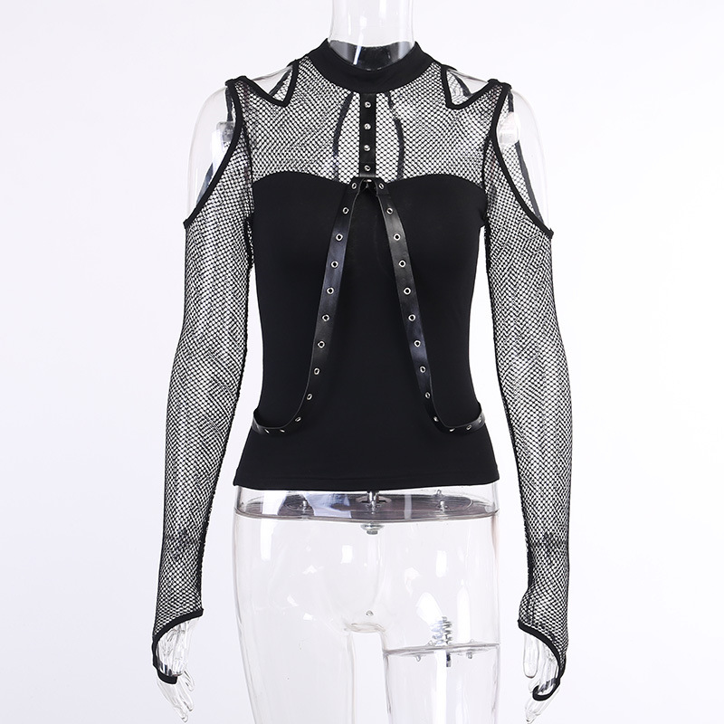 

Sexy Slim Vintage Splice Mesh Long Sleeve Crop Top Women Goth Dark Hollow Out Bandage Bodycon Tshirt Autumn Party Top, White