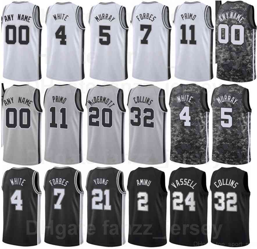 

Screen Printed Basketball Al-Farouq Aminu Jerseys 2 Doug McDermott 20 Joshua Primo 11 Lonnie Walker IV 1 Jakob Poeltl 25 Dejounte Murray 5 White Camo Man Woman Youth, Black