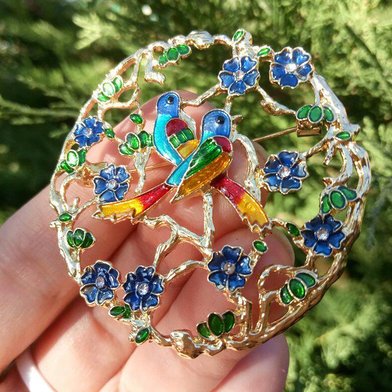

Pins, Brooches Vintage Double Birds Wreath For Women Drop Oil Enamel Couple Brooch Parrots Pin Rhinestone Animal Jewelry