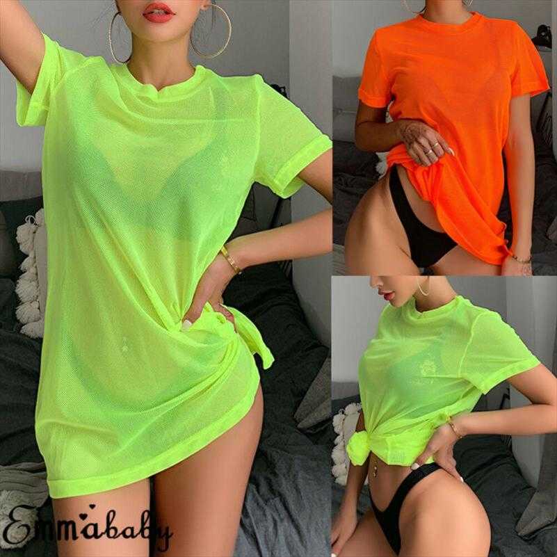 Solid Color Casual Loose Tees Women Neon Green O Neck Vintage Mesh Short Sleeve Tee Shirt Summer Top Long Tshirts Beachwear