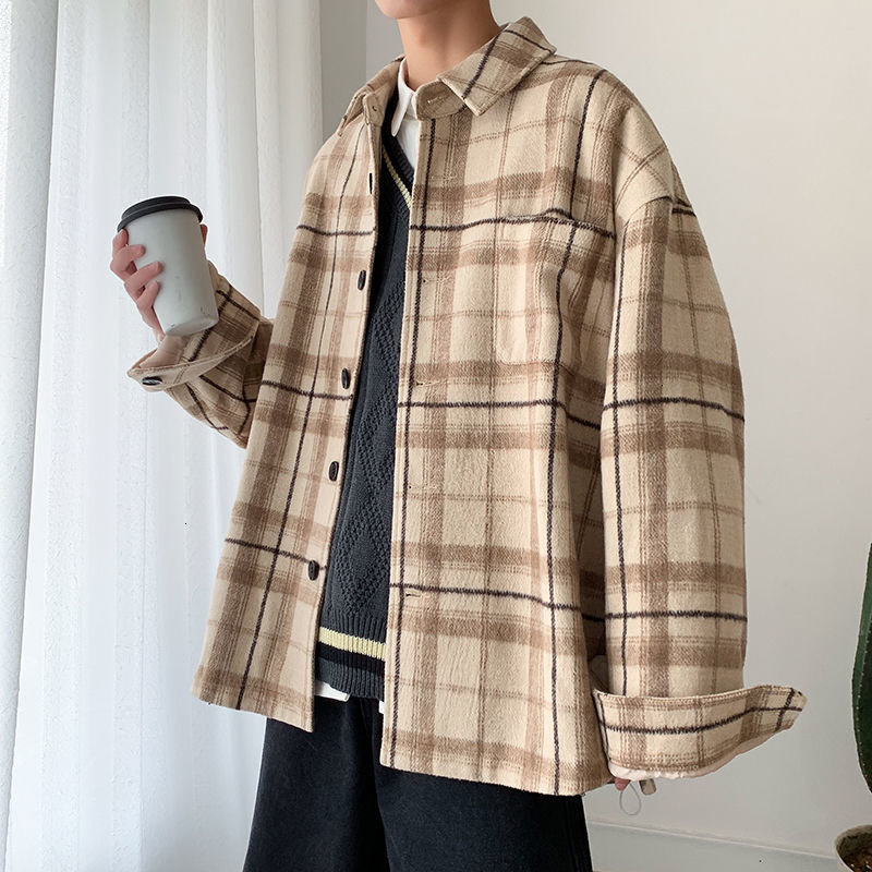 

2021 New Korean Style Plaid Men' Fashion Retro Casual Jacket Men Streetwear Wild Loose Short Woolen Coat Mens Overcoat -xl R3ou, Gray