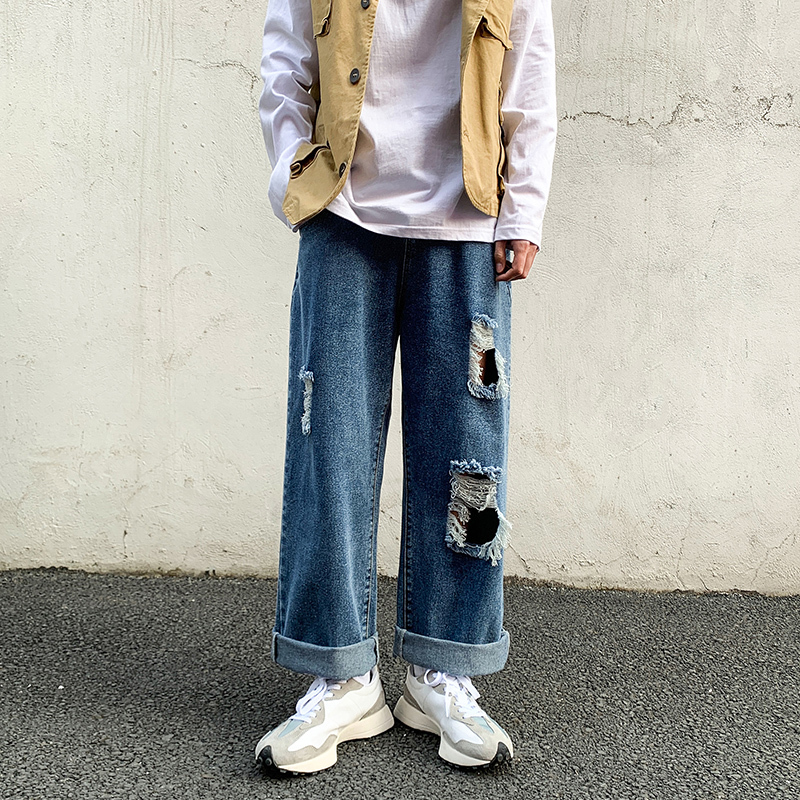 

New Dark Blue Ripped for Men 2021 Spring Summer Streetwear Fashion Trousers Mens Hole Denim Baggy Wide Leg Pant -5xl 009f