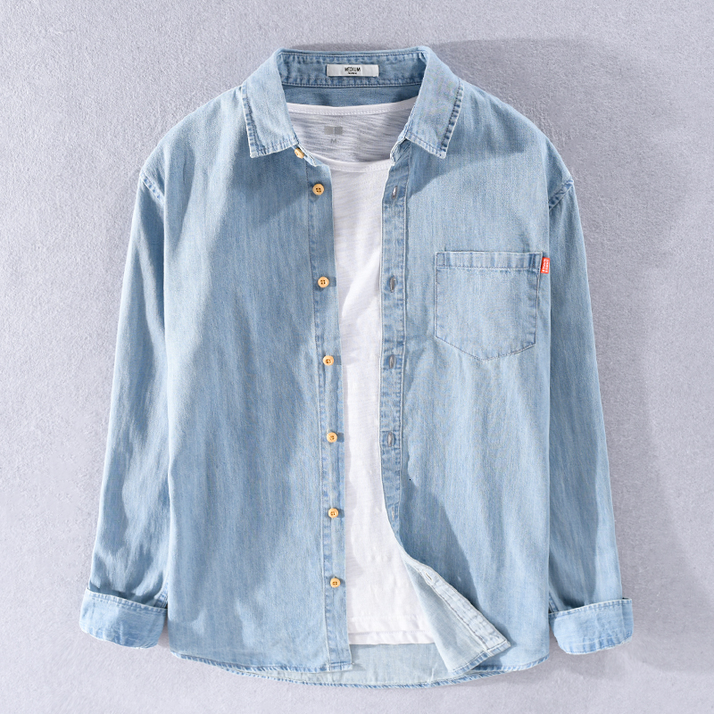 

2021 New Nova Marca De Manga Longa Casual Denim Camisas Masculina Moda Confortvel Para Slida Tendncia Camisa Dos Homens Chemise Kc7b, Light blue