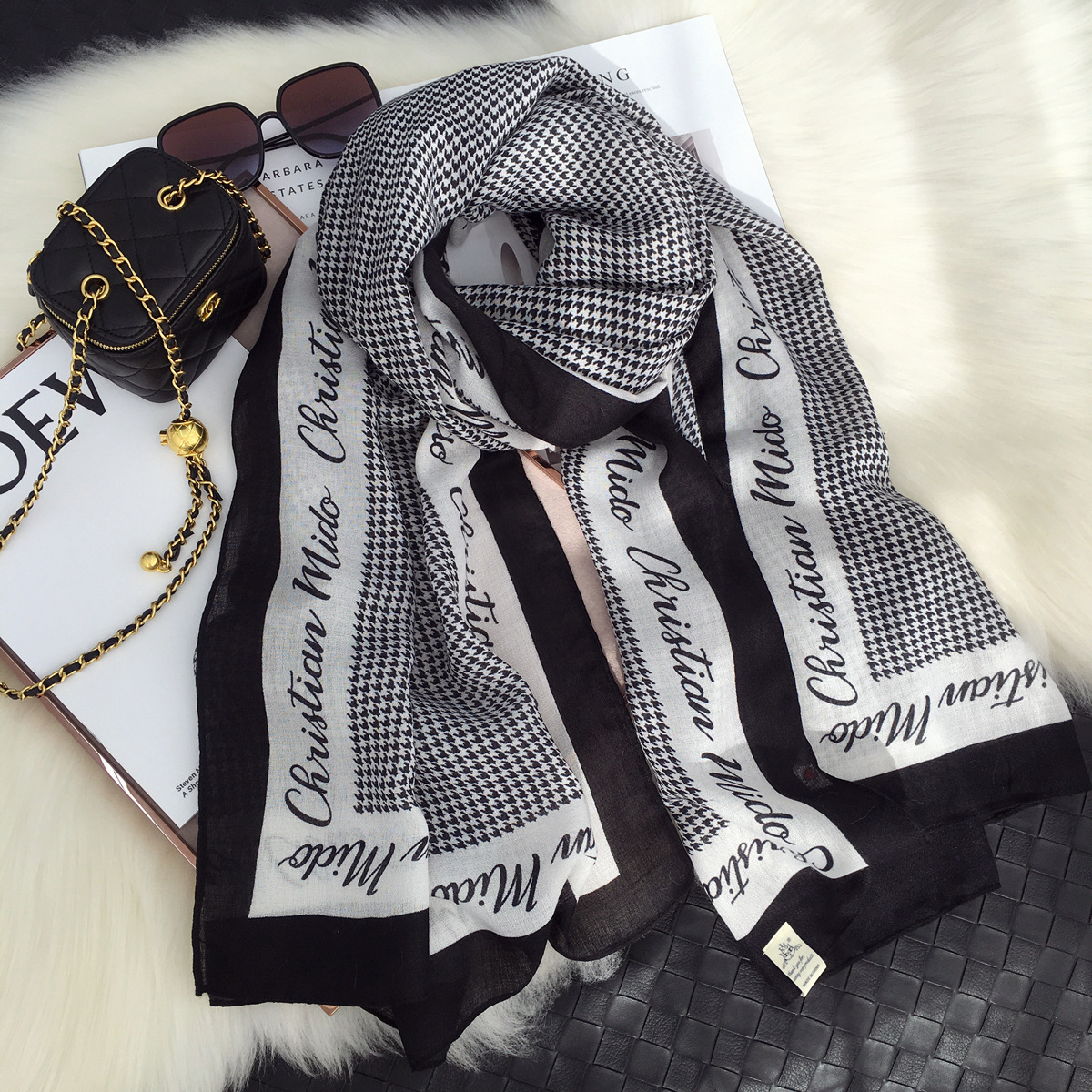 

Scarves Spring Korean Style Versatile Letters Houndstooth Cotton and Linen Sunscreen Shawl Travel Scarf Silk