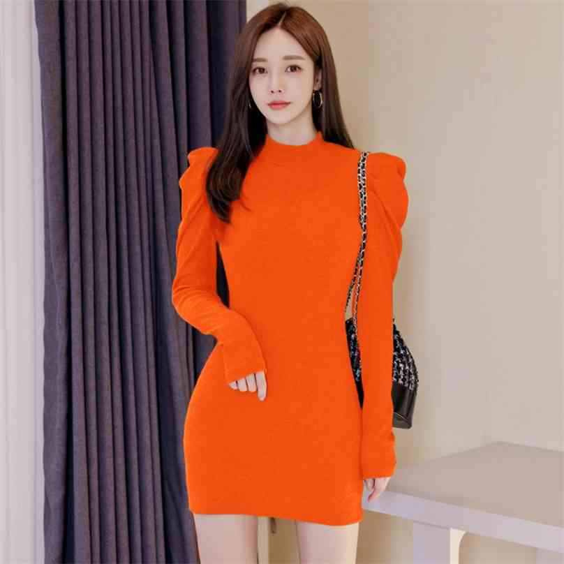 

winter pullover knit Dress Long Sleeve crew neck Sexy Mini Slim Party Dresses for women clothing 210602, Orange