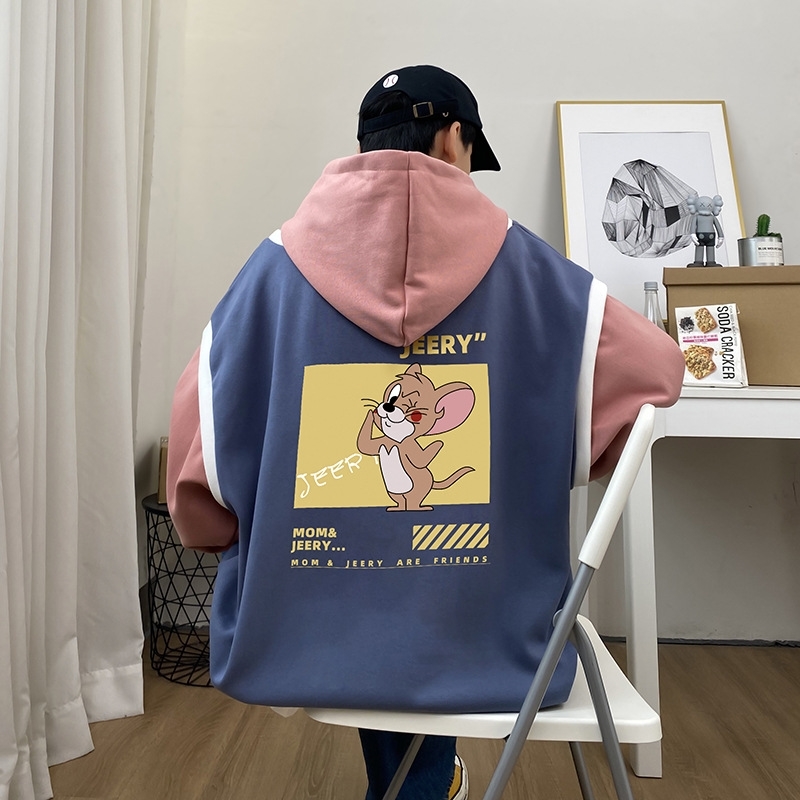 

Cat mouse couple jacket spring and autumn style niche design sense contrast color splicing Hoodie men's trend, Black