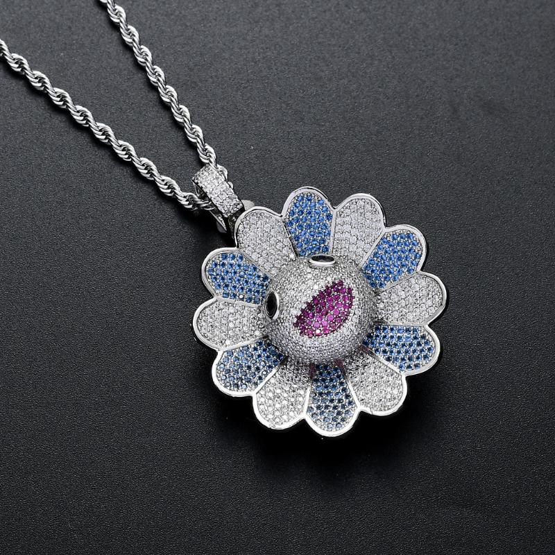 

Pendant Necklaces Rotatable FLOWERS Iced Out Bling Necklace Mirco Pave Prong Setting Men Women Female Male Fashion Hip Hop Jewelry BP105, Silver