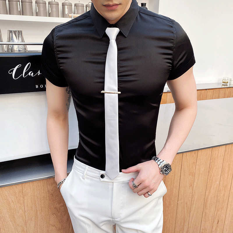 

High Quality Silk Shirt Men Short Sleeve Casual Slim Business Formal Shirt Streetwear Social Tuxedo Dress Clothing Chemise Homme 210527, Black