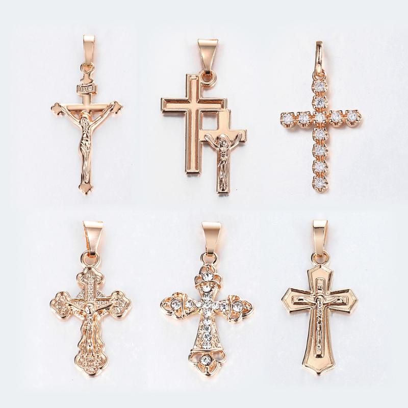 

Pendant Necklaces 6pcs/set 585 Rosse Gold Filled Cross Necklace For Women Men Crucifix White Crystal Charm Wholesale Jesus Jewelry