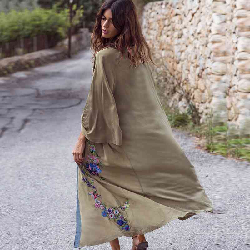 

Women Summer Boho Beach Kimono Cardigan Feminino Embroidery Blouse Long Shirt Black White Camisa Feminina Tunic Outerwear 210603, Army green