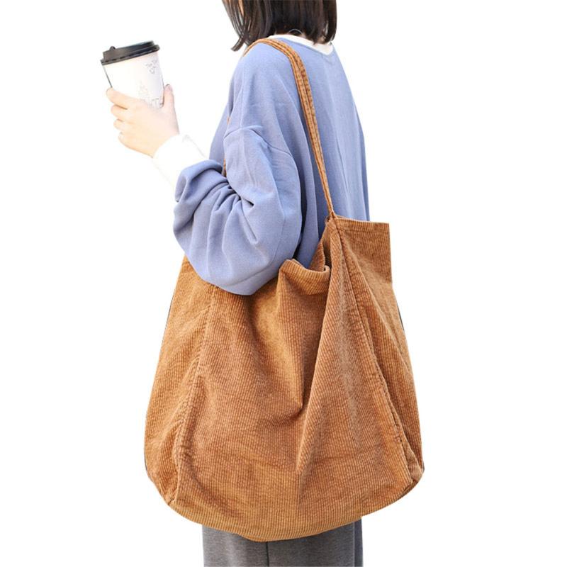 

2021 New Large Cord Eco Tote Bag Corduroy Tote Bag Women Shoulder Handbags Big Capacity Shopping Sac A Main Bolsas Feminina, Black