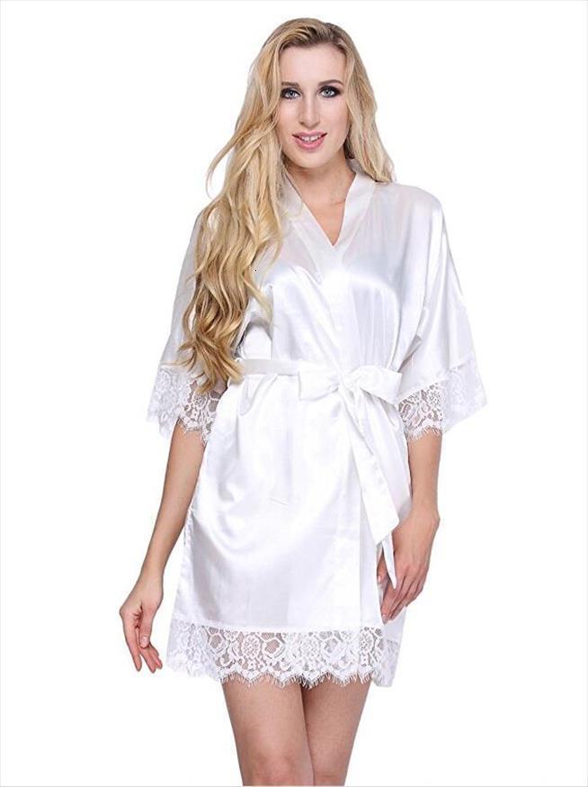 

wedding dressing gown womens sleepwears short satin bride robe lace silk kimono bathrobe summer bridesmaid nightwear plus size peignoir, Black;red