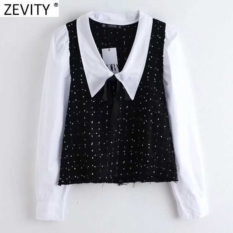 

Zevity Women Vintage Turn Down Collar Poplin Patchwork Tweed Woolen Smock Blouse Female Bow Tied Shirts Chic Blusas Tops LS7493 210603, As pic ls7493fh