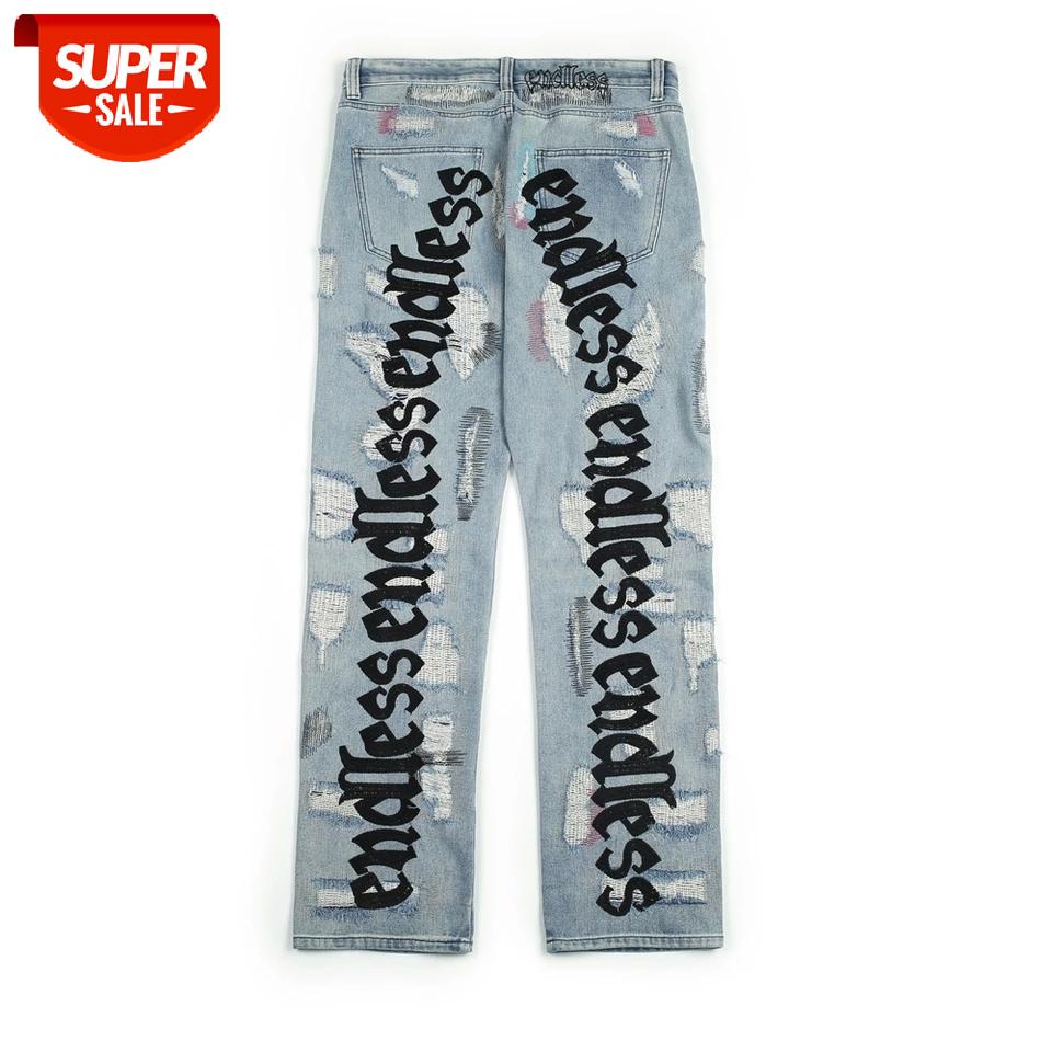 

Endless Men Women Jeans High Quality Hip Hop Denim Pants Embroideredy Broken Do Old Hole Streetwear Jeans #bH4z, Black