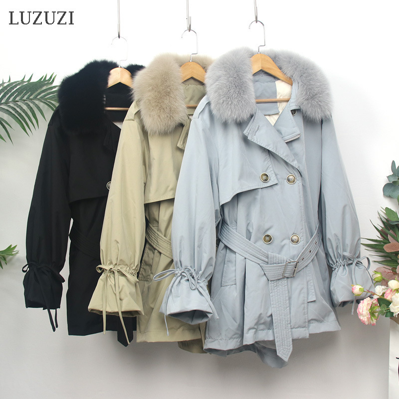 

2021 New Women Jacket Winter Fox Fur Collar Duck Down Coat Double Breasted Detachable Lining Sash Tie Up Warm Parkas 5m4x, Black